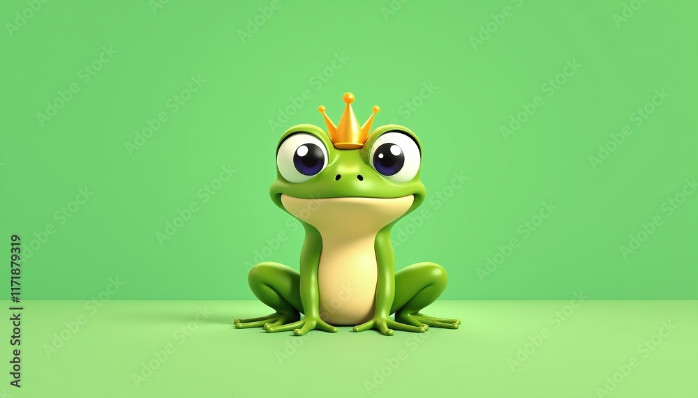 Fototapeta premium Playful cartoon frog wearing a crown green background digital art fun environment whimsical viewpoint