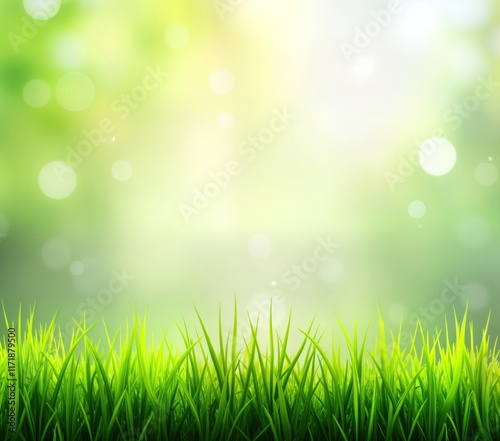 Fresh vibrant green grass in spring. Soft focus background with bokeh effect. Foliage, bright sunny day. Natural scenery perfect for spring summer design. Beautiful spring day. Soft light, defocused