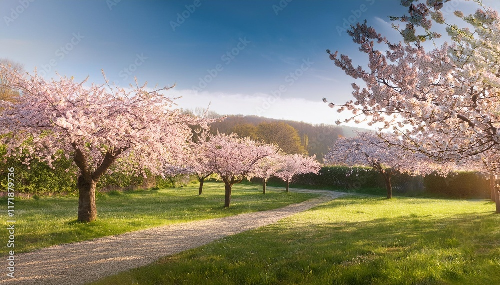 Blossoming Cherry Trees in a Serene Garden Blossoming Cherry Trees in a Serene Garden