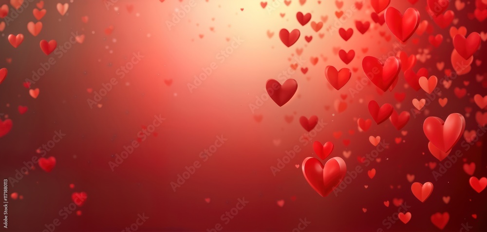 Abstract Valentine Day background. Many red hearts float in air against gradient red background. Color transitions smoothly from dark red at bottom to lighter red at top. Hearts vary in size, Abstract Valentine Day background. Many red hearts float in air against gradient red background. Color transitions smoothly from dark red at bottom to lighter red at top. Hearts vary in size,