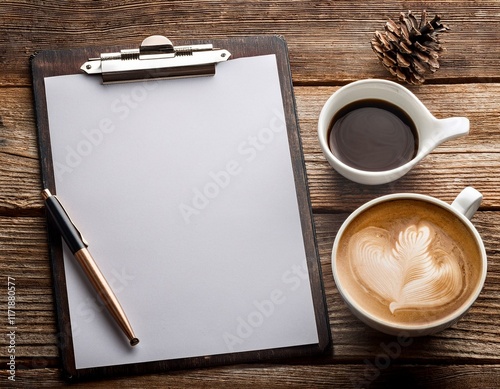 Bloc note sur une table en ia avec zone d'écriture avec tasse de café photo