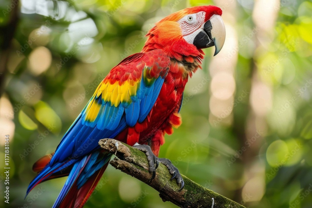 Obraz premium Vibrant scarlet macaw perched on a branch showcases the beauty of tropical wildlife