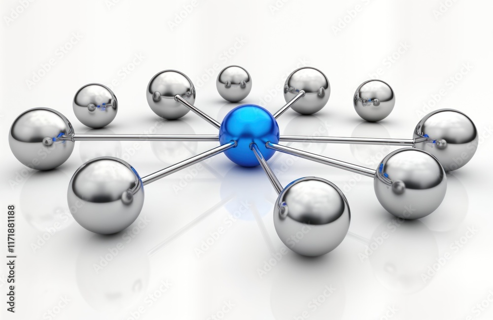 Fototapeta premium Metallic spheres interconnected by rods create network design. Central blue sphere connects to several others. Network concept. Modern tech illustration. Abstract graphic. Web design. Teamwork,