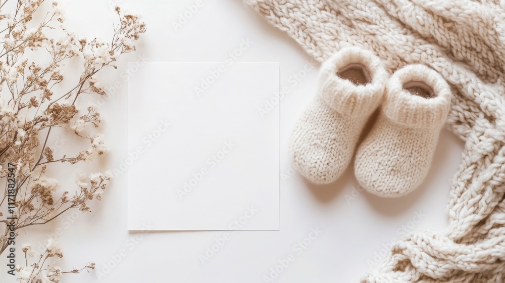 Fototapeta premium Baby shoes. Nursery frame mockup, vertical white wooden frame for baby room art, baby shower announcement, top view, flat lay