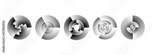 Black radial spiral pattern set. Circular rotating speed line form collection. Spinning circle sound wave bundle. Abstract music waveform element pack for icon, badge, tag, label, record. Vector