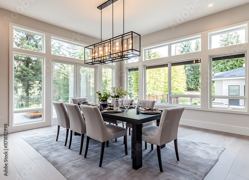Stylish dining room in a luxury home with large windows and grey chairs around a black wood table on a light gray hardwood floor