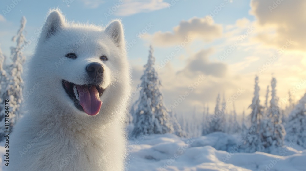 A cheerful Samoyed dog in a snowy landscape under a beautiful sky. A cheerful Samoyed dog in a snowy landscape under a beautiful sky.