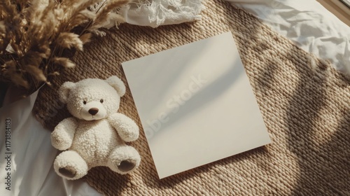 Baby  Bear Nursery frame mockup, vertical white wooden frame  for baby room art, baby shower announcement, top view, flat lay