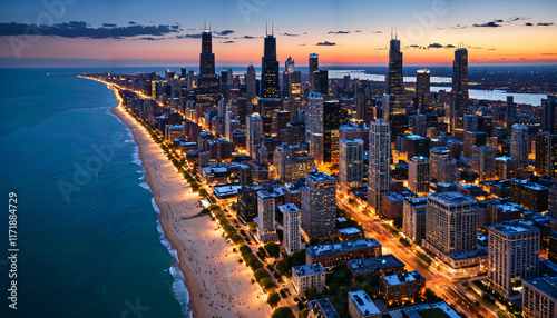 Panorama nocturne de Chicago au bord du lac photo