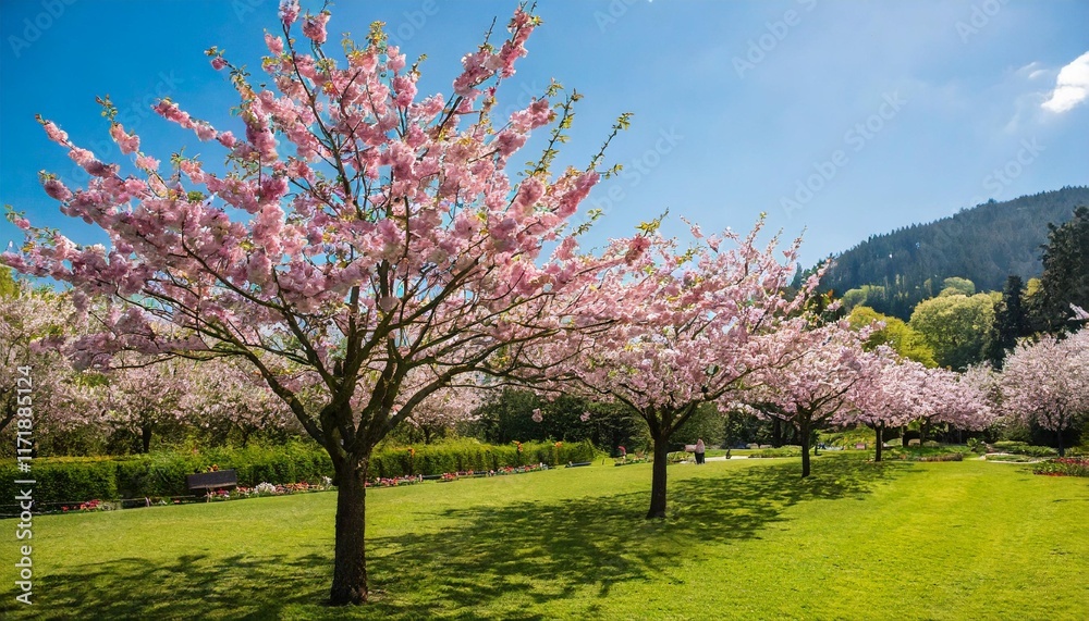 Blossoming Cherry Trees in a Serene Garden Blossoming Cherry Trees in a Serene Garden