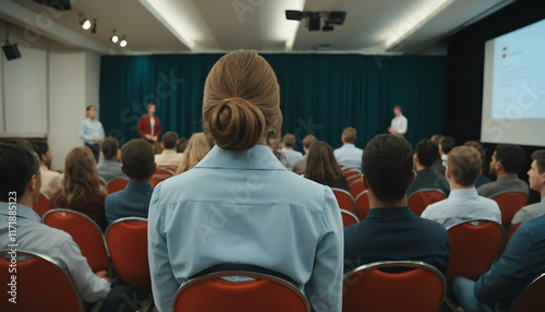 back view of a moderating woman in audience room for product presentation
