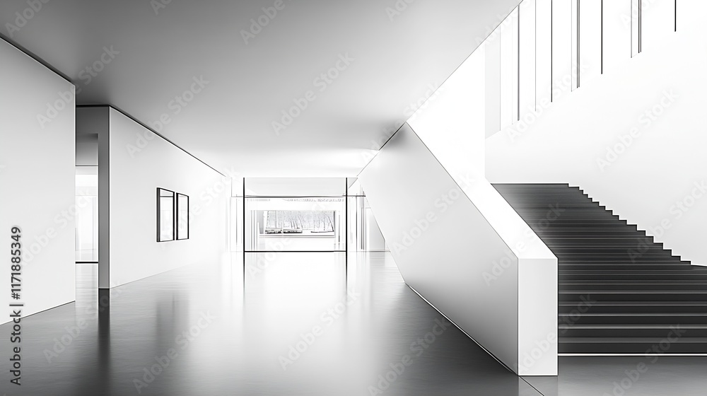 Obraz premium Minimalist Modern White Interior With Staircase Wood Floor And Soft Natural Lighting : Generative AI