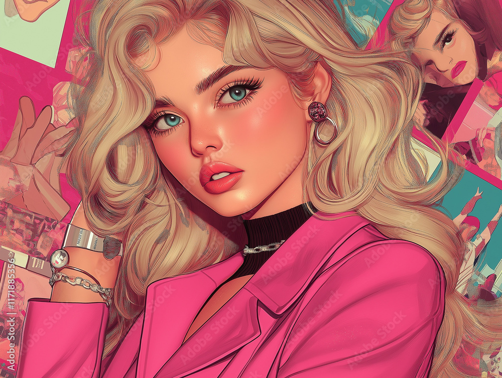 Stylish Portrait of a Blonde Woman with Pop Art Background Elements Stylish Portrait of a Blonde Woman with Pop Art Background Elements