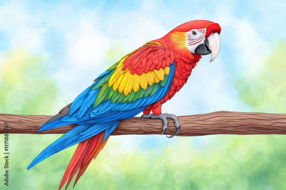 Fototapeta premium Majestic parrot perched on branch, showcasing vibrant colors