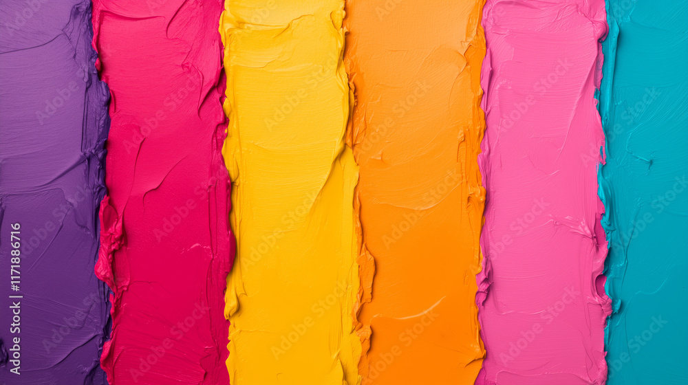 Fototapeta premium Vivid textured strokes of purple, pink, yellow, orange, and teal paint arranged in bold vertical stripes