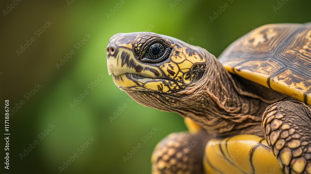 Close-up of a turtle with intricate shell patterns and textured skin against a blurred green natural background Close-up of a turtle with intricate shell patterns and textured skin against a blurred green natural background