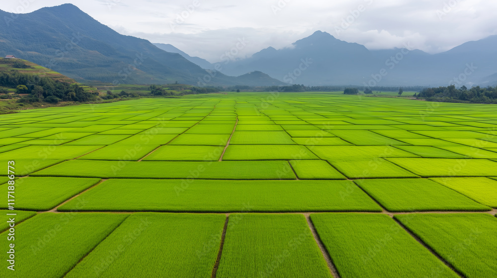 Fototapeta premium Aerial view of expansive green rice fields surrounded by misty mountains in a tranquil rural Asian landscape