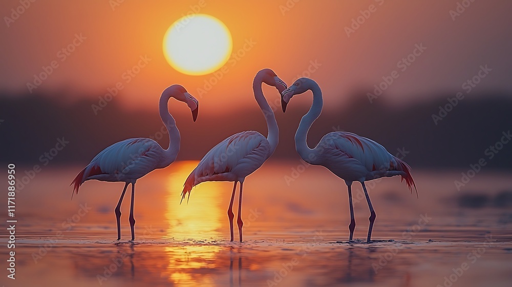Fototapeta premium Three flamingos at sunset, two intertwined necks.