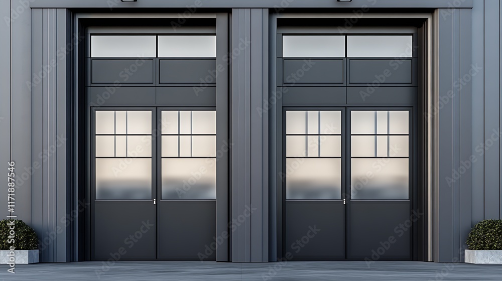 Fototapeta premium Contemporary Black Metal Garage Doors on Modern Building : Generative AI