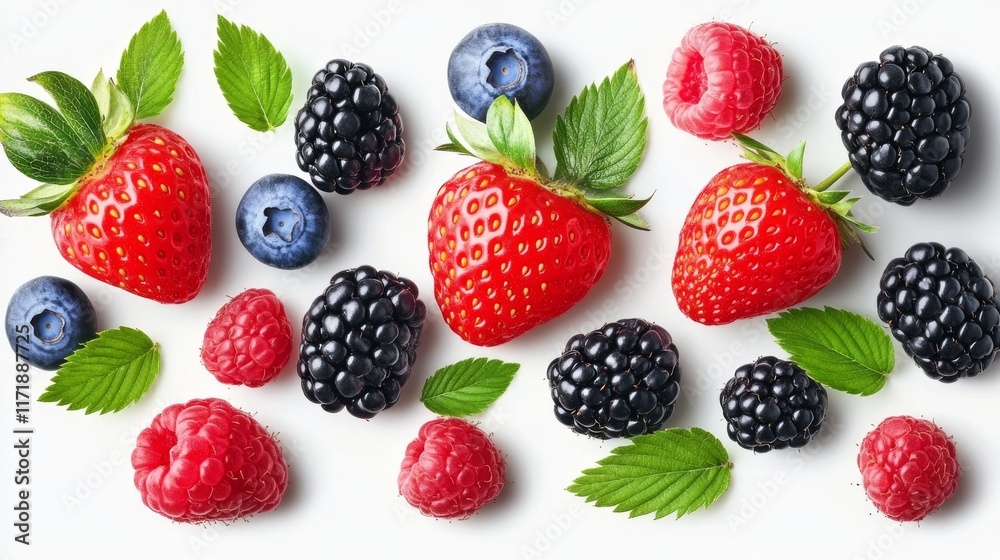 strawberries, blueberries, blackberries and raspberries with leaves on a white background strawberries, blueberries, blackberries and raspberries with leaves on a white background