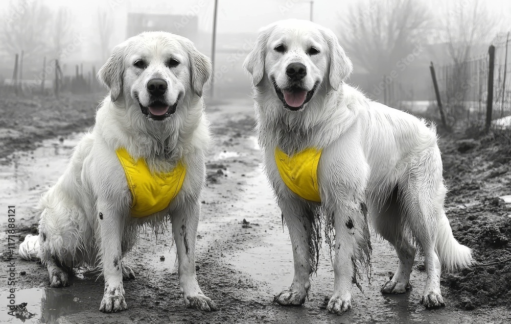 Obraz premium In a downpour, two golden retrievers explore the forest