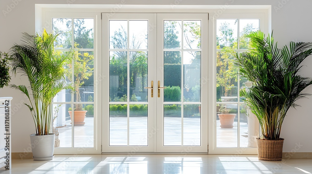 Fototapeta premium Bright Living Room with Large Glass Doors and Green Potted Plants Letting in Natural Light : Generative AI
