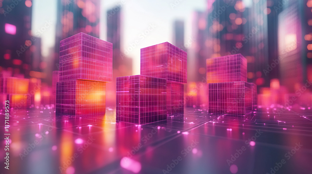 Translucent pink digital cubes glowing in a futuristic setting with a blurred cityscape in the background. Generated with AI. Translucent pink digital cubes glowing in a futuristic setting with a blurred cityscape in the background. Generated with AI.