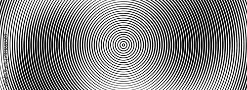 Black concentric circle background. Radial geometric pattern wallpaper. Line epicenter, radar or target concept. Round rippled ring backdrop for brochure, banner, poster, overlay. Vector texture