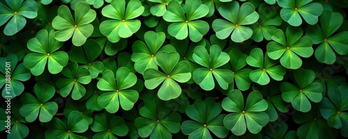 Close up view of clover leaves. Vibrant green shamrocks form natural background. Pattern of lucky clover leaves suitable for St Patricks Day. Image shows plant growth. Spring summer theme. Perfect