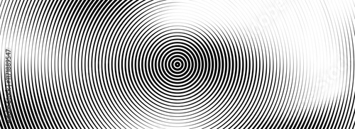 Black concentric circle background. Radial geometric pattern texture. Line epicenter, radar or target concept. Round rippled ring wallpaper for brochure, template, poster, overlay. Vector