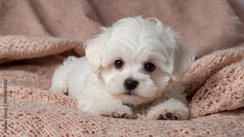 Pequeño perro blanco de raza Maltés descansando plácidamente en una manta tejida de color rosa pastel en un entorno acogedor Pequeño perro blanco de raza Maltés descansando plácidamente en una manta tejida de color rosa pastel en un entorno acogedor