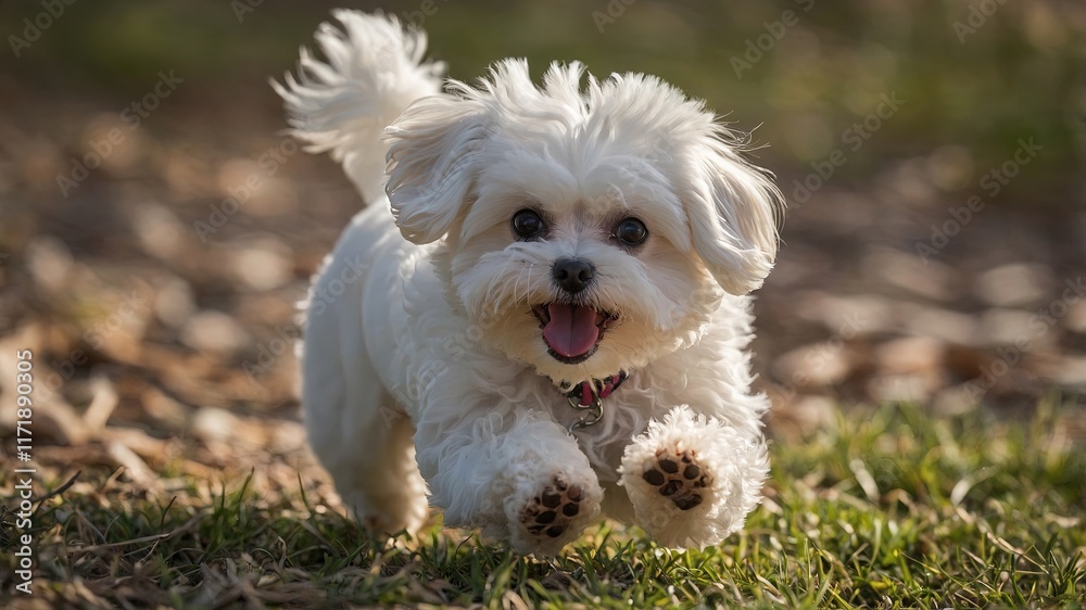 Pequeño perro maltés de pelaje blanco disfrutando de un momento de juego al aire libre, capturado en pleno movimiento Pequeño perro maltés de pelaje blanco disfrutando de un momento de juego al aire libre, capturado en pleno movimiento