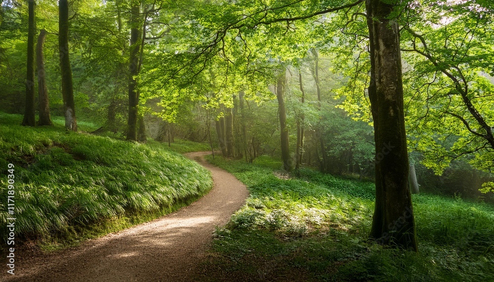 A Winding Path through a Forest of Fresh Green Leaves A Winding Path through a Forest of Fresh Green Leaves