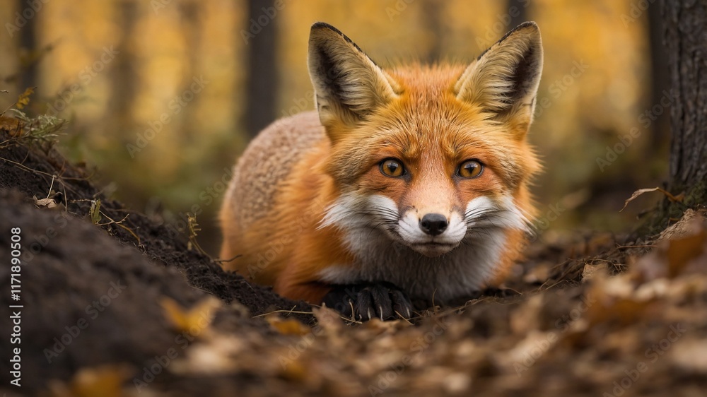 Fototapeta premium Zorro acostado en el suelo en un entorno forestal otoñal, con colores cálidos y serenos
