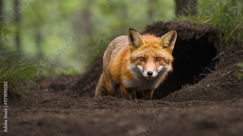 Adorable zorro en un entorno forestal, destacando su comportamiento y entorno natural en la entrada de una madriguera
