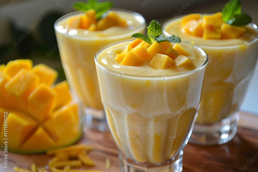Refreshing mango lassi topped with fresh mango cubes and mint leaves Refreshing mango lassi topped with fresh mango cubes and mint leaves