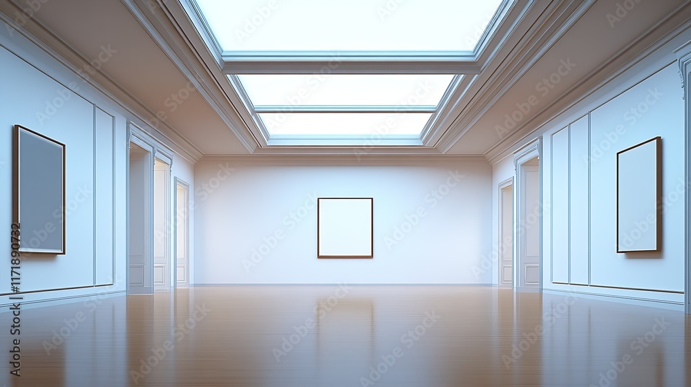 Fototapeta premium Elegant Modern Gallery Interior with Skylight and Light Walls for Art Display : Generative AI
