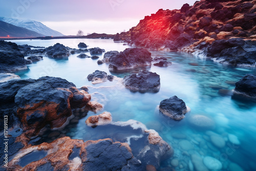 ethereal allure of Iceland's Blue Lagoon, with its enchanting milky-blue geothermal waters, ominous black volcanic rocks, and feeling of discovering a hidden geothermal sanctuary amidst a wild and unt photo