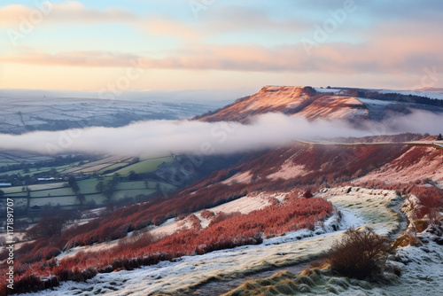 ethereal ambiance of snow clouds converging upon North Yorkshire Moors, enveloping muted hues of winter, caresses undulating terrain, evoking a sense of awe and anticipation for forthcoming snowy meta photo