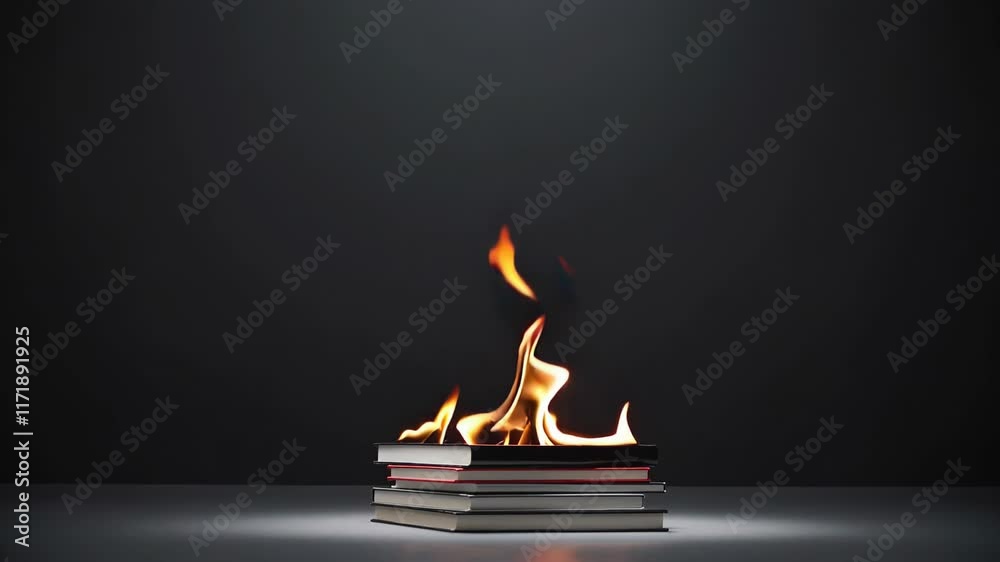 A stack of colorful books on fire, set against a dark studio backdrop with dramatic lighting.