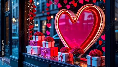 A luxury storefront window decorated for Saint Valentine’s Da . The centerpiece is a large, glowing neon heart in vibrant red and pink, casting a warm glow on the display photo