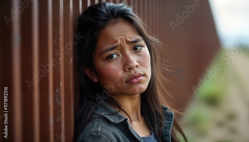 Young migrant woman leans against border wall. Sad emotion visible. Difficult immigration situation. Isolated at US-Mexico border. Feeling of hopelessness, despair. Humanitarian crisis evident.