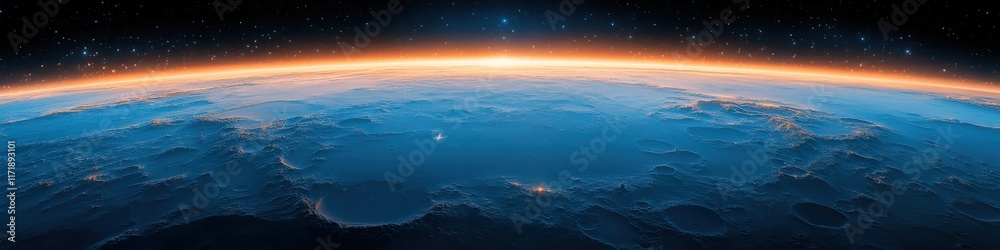 Obraz premium Stunning Aerial View of Earth at Sunrise from Space with Glowing Horizon and Vibrant Blue Atmosphere Showcasing Planetâ€™s Natural Beauty and Cosmic Grandeur