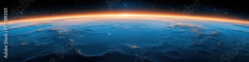 Stunning Aerial View of Earth at Sunrise from Space with Glowing Horizon and Vibrant Blue Atmosphere Showcasing Planetâ€™s Natural Beauty and Cosmic Grandeur