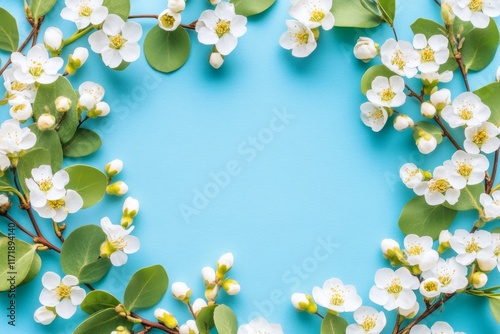 A flat lay mock up of a spring flower frame on a blue background, including copy space