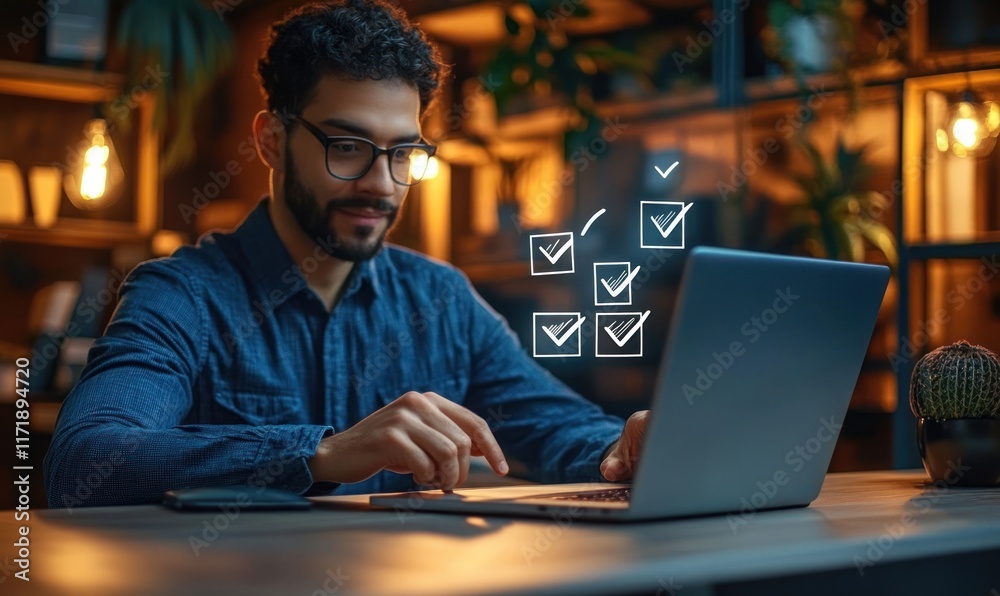 Businessman Using Laptop with Checklist and Checkmarks for Remote Work and Digital Organization Businessman Using Laptop with Checklist and Checkmarks for Remote Work and Digital Organization