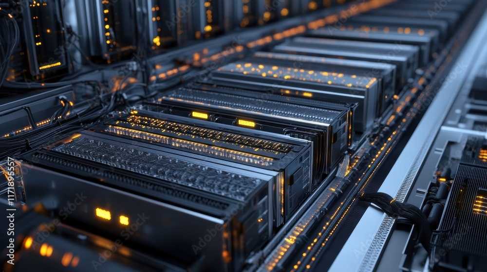 Powerful server units are processing and transmitting data with flashing lights in a futuristic data center, showcasing advanced technology and connectivity Powerful server units are processing and transmitting data with flashing lights in a futuristic data center, showcasing advanced technology and connectivity