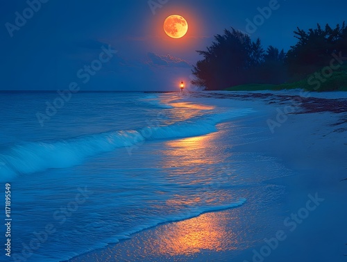 Orange full moon rising over tranquil ocean beach at night.