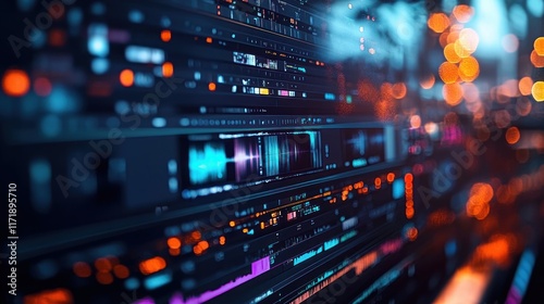 Vibrant Cyberpunk Video Editing Interface with Timeline and Clips