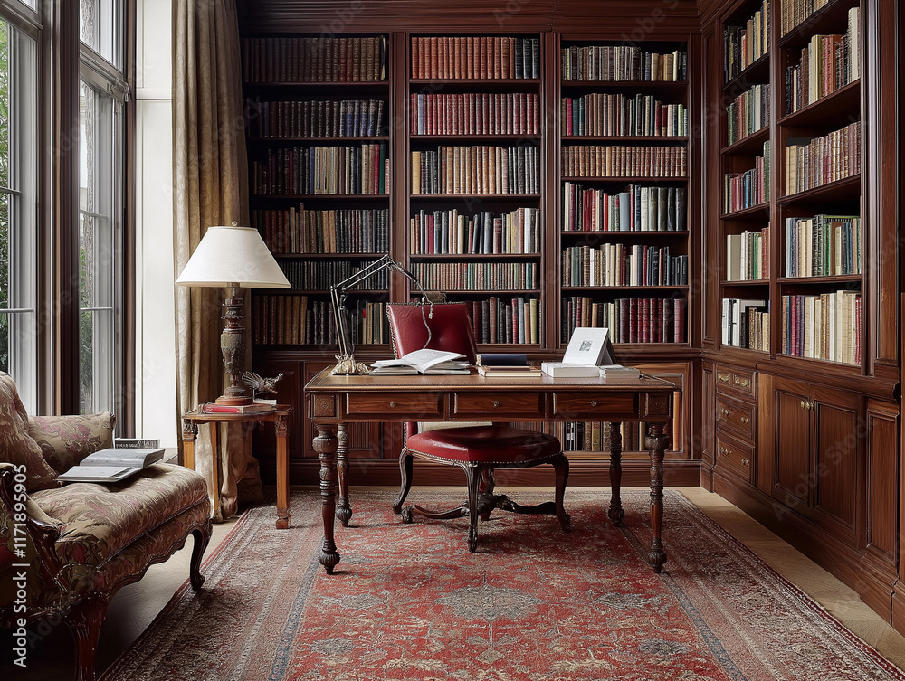 Classic Home Library with a Roll-Away Desk Classic Home Library with a Roll-Away Desk